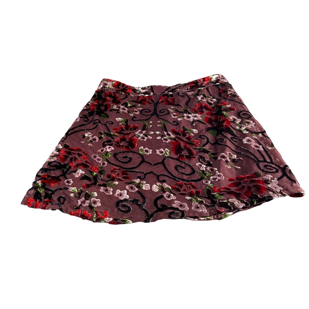 Floral Burnout Mini Skirt Womens M Burgundy Y2K Boho Velvet A-Line whimsy career